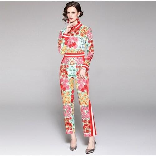 2021 Fall Elegant Floral Top and Trousers Set Women Long Sleeve Shirt Blouse+High Waist Pocket Length Pant Two Piece Suit