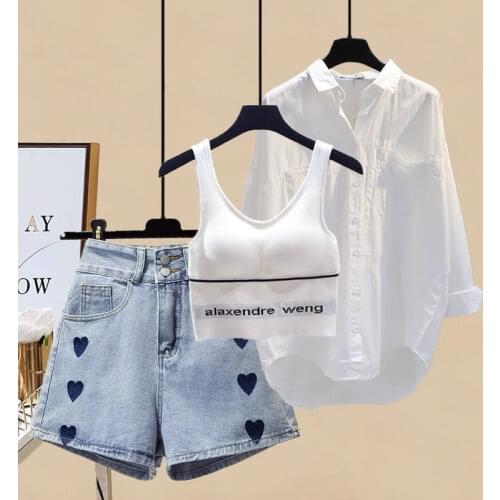 Plus Size Womens Summer 2021 New Niche Long-sleeved Shirt + Inner Vest + High-waist Shorts Three-piece Suit