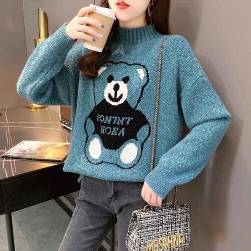 Half Turtleneck Cute Bear Sweater for Women 2021 Autumn and Winter New Fleece-Lined Bottoming Sweater Loose Pullover