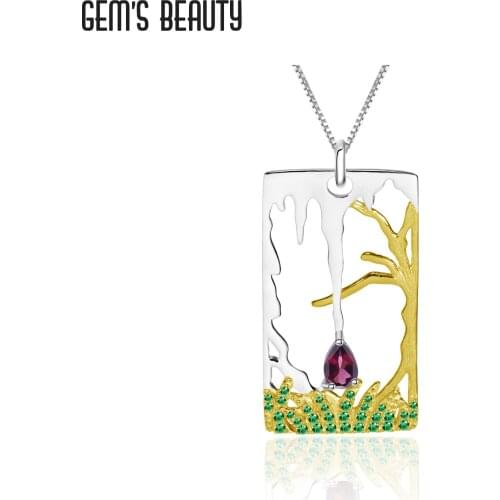 GEMS BEAUTY 925 Sterling Silver Necklace For Women Rectangle Lawn Tree Natural Water Droplet Rhodolite Handmade Necklace