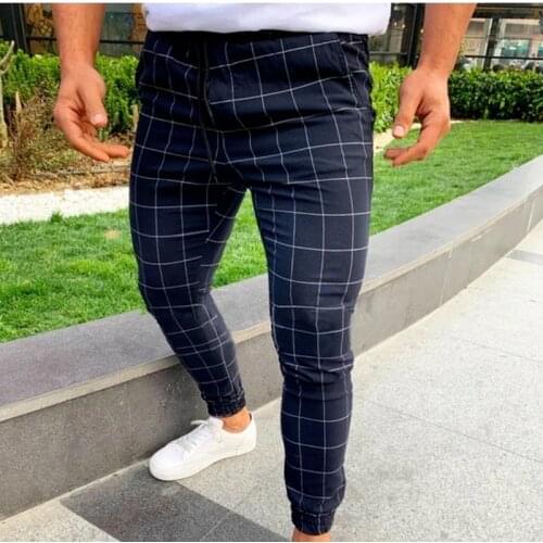 Plaid Pants Mens Casual Stretch Pants Man Fashion Elastic Printed Male Streetwear Pants Sports Joggers Black Grey Mens Clothing
