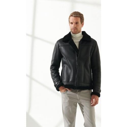 Genuine sheepskin black leather jacket winter sheepskin leather jacket with free shipping from Fast Fashion