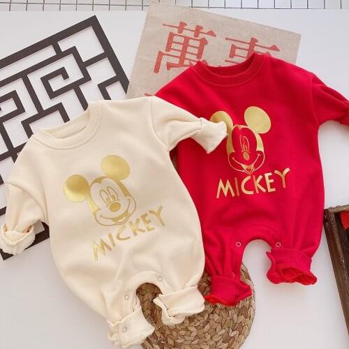 Disney Newborn Baby Winter Clothes Cartoon Mickey Print New Year Costume Long Sleeve Baby Boys Girls Rompers Overalls Jumpsuit