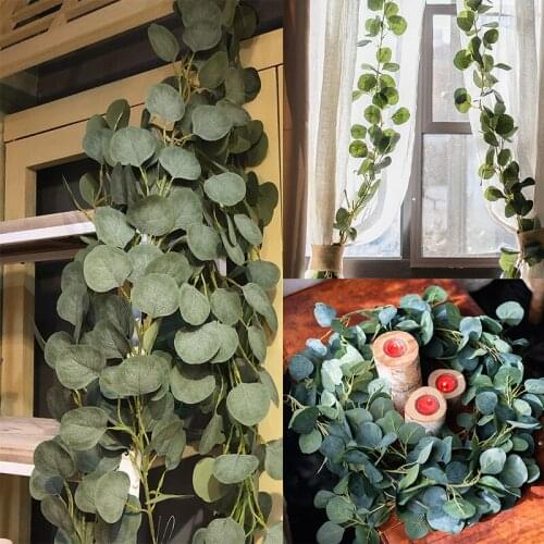 2M Artificial Vine Silk Eucalyptus Leaves Ratton Wedding Garland Decoration Home Party Wall Hanging Ornament Fake Plant