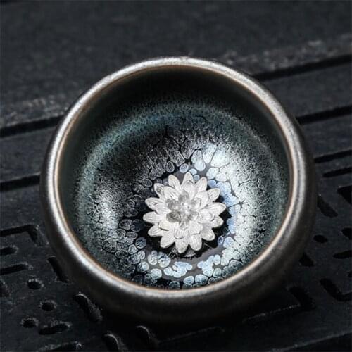 Ceramic Temmoku Glaze Kiln Change Master Cup Office Retro Teacup Kung Fu Drinkware Creative Silver Lotus Dragon Small Tea Bowl