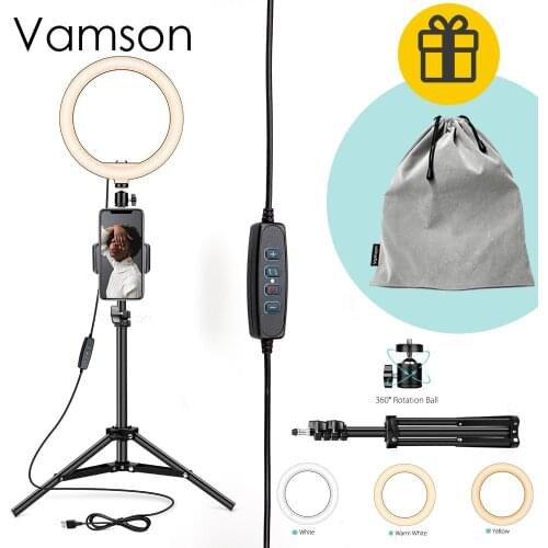 Vamson for Phone Ring Light with Stand for Youtube Makeup Video Studio Tripod Ring Light 10" LED Ring Light Photography LS07C