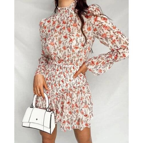 2021 Summer Autumn Stand Collar Print Long Sleeve Holiday Beach Fall A-line Mini Dress