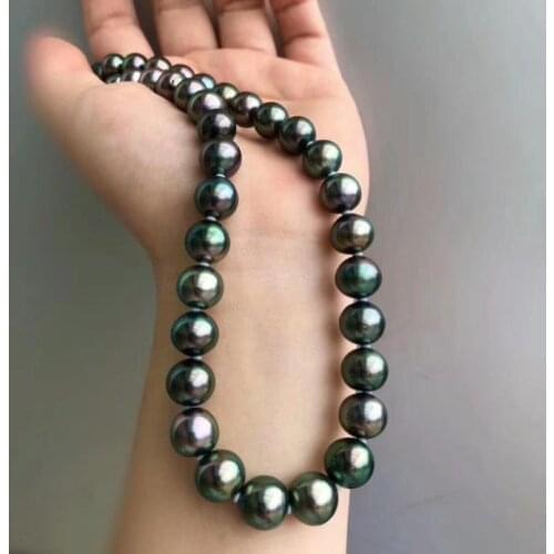 HUGE AAA 10-11MM ROUND SOUTH SEA GENUINE BLACK GREEN PEARL NECKLACE 18" 925silver GOLD
