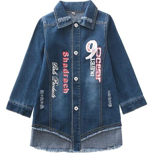 Girls 4-14Y Button Down Collar Spring Autumn Denim Jeans Coat Letters Print Fashion Casual Mid-Long Jeans Jackets Coats