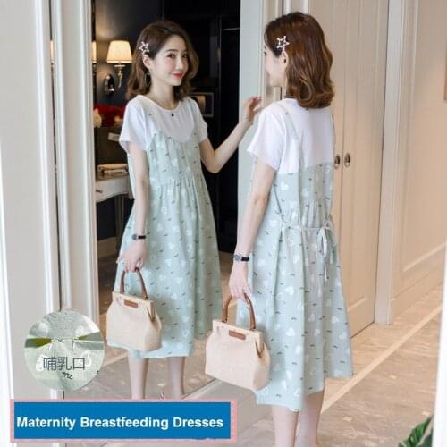 Maternity Breastfeeding Dresses Pregnant Women Fake two piece Print Maternity Dress Comfy Maternity Nursing Cotton Dress Summer