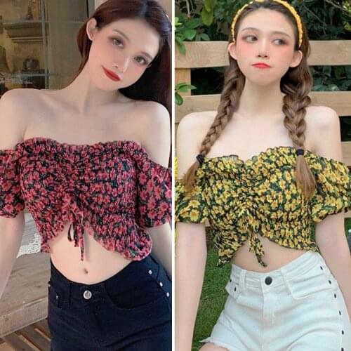 Sexy Small Floral Print Shirt Women Pleated Short Chiffon Blouse Summer Sexy Slash Neck Tops