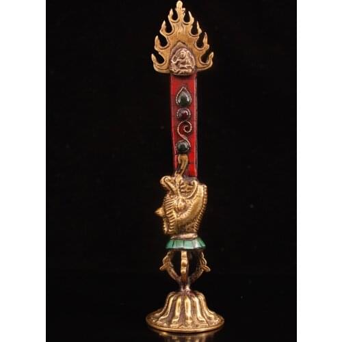 9"Nepal temple Old Bronze Gilt Painted mosaic Gem Manjushri statue Evil sword Dharma Town House Exorcism Ward off evil spirits