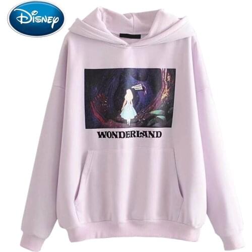 Disney Stylish Alice in Wonderland Cartoon Letter Print O-Neck Pullover Streetwear Women Sweatshirt Hoodies Long Sleeve Tops