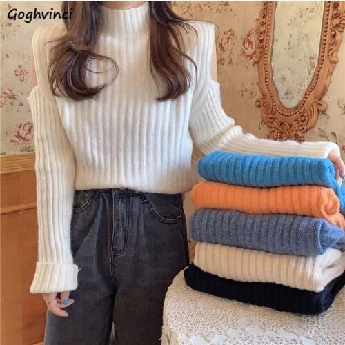 Sweaters Women Autumn Korean Turtleneck Off Shoulder Knitted Sexy Casual Pullovers Tops All-match Solid Soft Strapless Jumpers