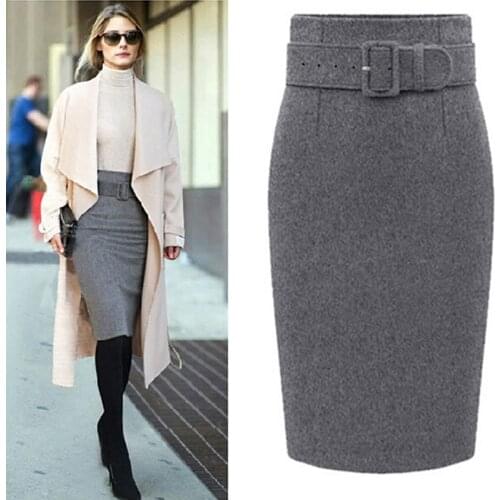 Women Autumn Winter 2020 Fashion Style Knee Length Skirt Ladies Front Sashes Girl Pencil Skirts Femme Female Black Jupe 3XL 50
