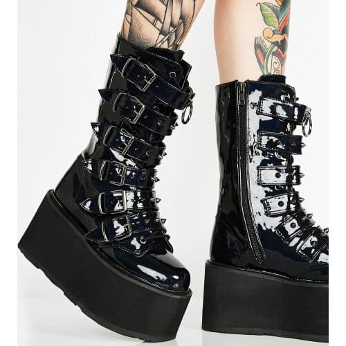 GIGIFOX Brand New Fashion Gothic Big Size 44 Halloween Cosplay Gift Outfits Chunky Heels Platform Motorcycles Boots Woman Shoes