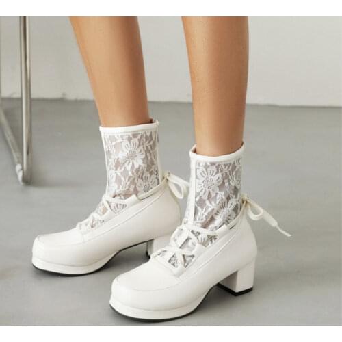 Elegant Embroidery Lace Mesh Boots Women Big Plus Oversize 47 48 Cross Tied Strappy Bow Lolita Shoes Woman Black White Pink New