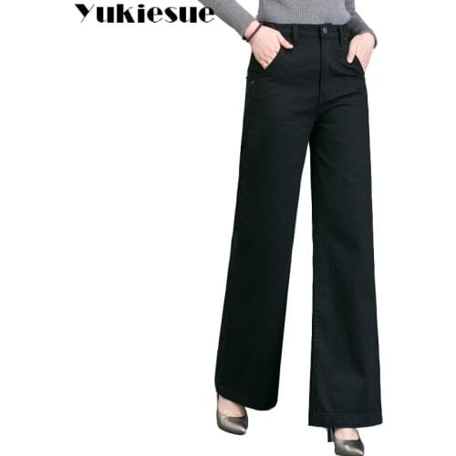 2018 New Female Elegant Wide Leg Flare Jeans for women High Waist Womens Jeans large Sizes Straight womens Jeans black white