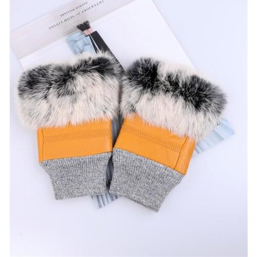 Womens Genuine Sheep Skin Winter Fingerless Gloves Rabbit Fur Cuffs Half Finger Typing Mittens