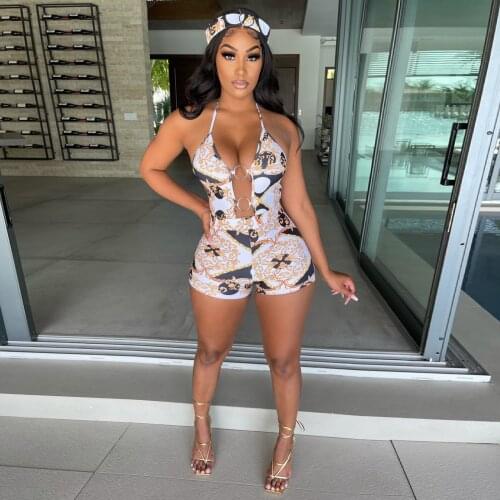 Women Playsuit Summer Halter V-neck Stretchy Skinny Print Sleeveless Bandage Sexy Rompers One Piece Overalls