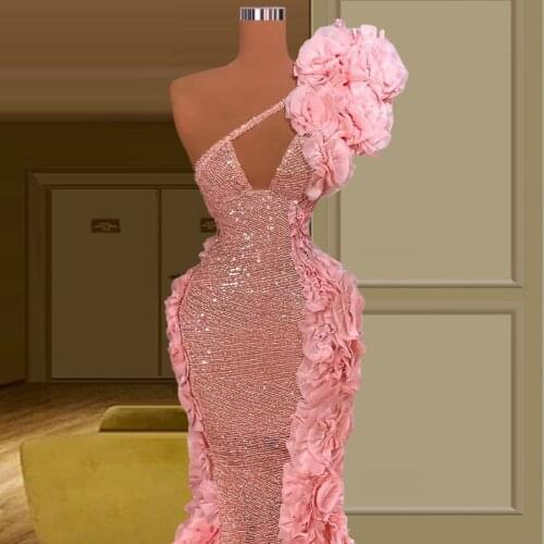 Lovely Handmade Flowers Sexy Open Neck Pink Dress Mermaid vestidos de gala One Shoulder Dinner Dresses For Women كوكتيل فساتين