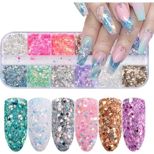 12 Grids Gradient Candy Color Mermaid Flake Nail Glitter Hexagon Sequins Powder 3D Manicure Nail Art Paillettes Decoration Tips