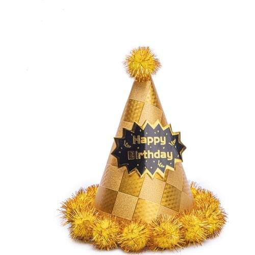 30pcs Paper Pompon Ball Birthday Party Hats Happy Birthday Cone Party Hats for Kids Adult Birthday Party Supplies Gold