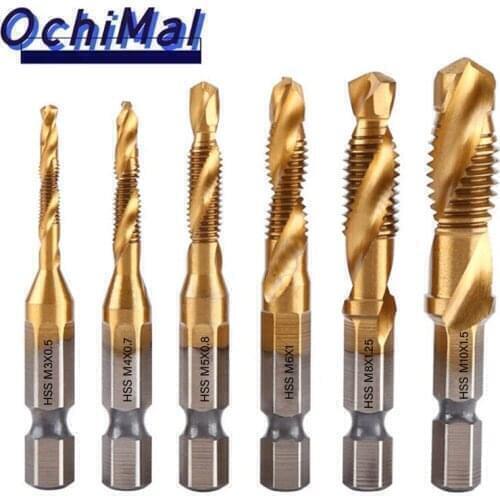 6pcs Titanium Plated Hex Shank HSS Screw Thread Metric Tap Drill Bits Screw Machine Compound M3 M4 M5 M6 M8 M10 drill bit tools