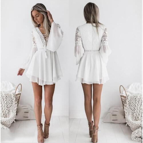Hollow Out Chiffon Dress Sexy Women Mini Dress Cross Bandage Lace Semi-sheer Plunge V-Neck Long Sleeve Dress Black/White