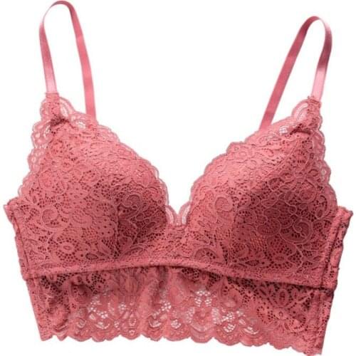 Women Paded Lace Bras French Triangle Cup Plus Size Underwear Wire Free Gathered Push Up Brassiere Intimates