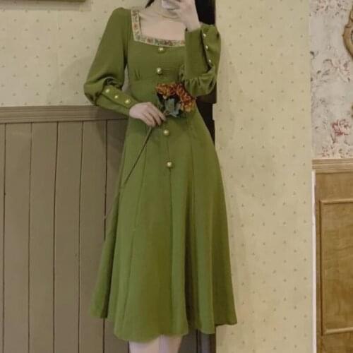 2021 Spring Womens New French Mori Girl Series Retro Gentle Fairy Midi Dress Elegant Female Offiec Lady All-Match Chic Dress