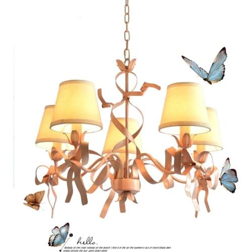 French Princess Pink Ribbon Art Chandelier suspension Iron Bow Chandelier Lamp European Bedroom Children kids LED pink lamparas