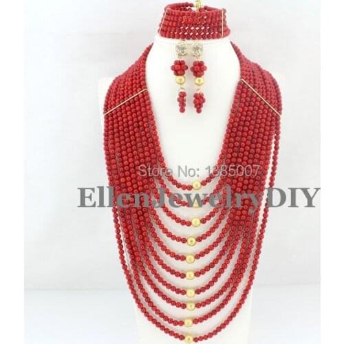 2019 Red Big Nigerian wedding african beads jewelry sets for brides Coral Necklace Royalblue fashion jewelry sets W7378