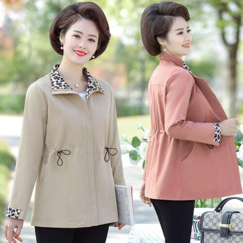 Middle-aged and Elderly Womens Coat Mid-Long Drawstring Zipper Casual Jacket Spring Autumn Plus Size 5XL Outerwear Tops Female