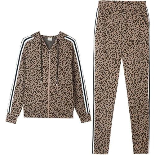 Leopard Print Fashion Two Pieces Suit Sets Female Stylish Plus Size Zipper Coat & Pant Sets 2021 Women Elegant Tracksuit Women