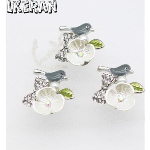 LKERAN 10Pcs 20*21mm Silver Cute Bird Rhinestone Alloy Snap Buttons DIY Wedding Clothing Crafts Decorative Beauty Accessories