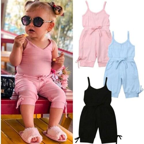 Cute Toddler Baby Girls Kids clothes sleeveless solid cotton summer Romper backless Fine Strape Jumpsuit one pieces