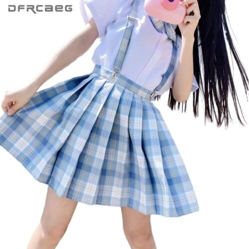 Mori Girl Blue Print Plaid Mini Pleated Suspender Short Skirts Womens 2020 High Waist Japanese School Skirts Kawaii Saia Faldas