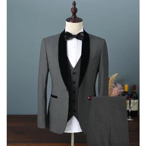 2020 Mens Velvet Suit 3 Pieces One Button Shawl Lapel Groomsmen Tuxedos Blazers For Wedding,Party (Blazer+Vest+Pants)