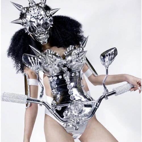 Nightclub Bar GOGO Female Singer DS Silver Mirror Shiny Heavy Metal Armor Costumes Halloween Cosplay Clothes For Women DWY3466