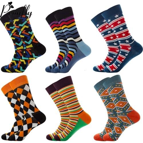 Peonfly 2020 New Autumn Winter Men Classic Geometry Printed Harajuku Calcetines Combed Cotton Casual Funny Happy Socks