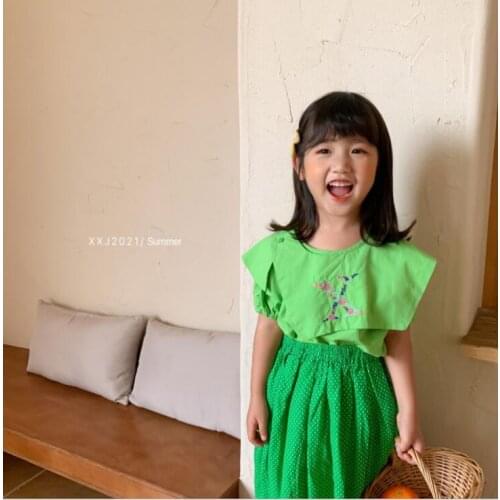 2021 new girls ruffles shirt cotton summer short sleeve kids top