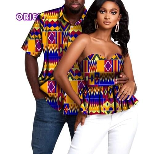 2 Pcs African Couple Clothes Tops Men Short Sleeve Shirt Women Off Shoulder Blouse Fashion African Print Cotton Clothing WYQ728