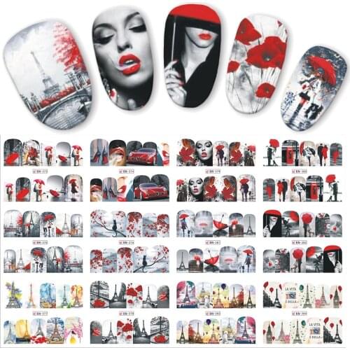 12 Designs Water Nail Art Transfer Sticker Sliders Red Maple Romantic Valentines Designs Decal Manicure Decorations JIBN373-384