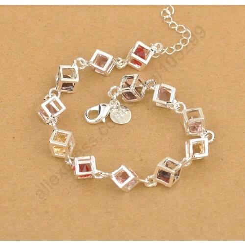 Hot Sale Shiny CZ Crystal Happiness Rubic Cube 925 Sterling Silver Woman Girl Bracelet Multicolored Cube Rainbow Jewelry