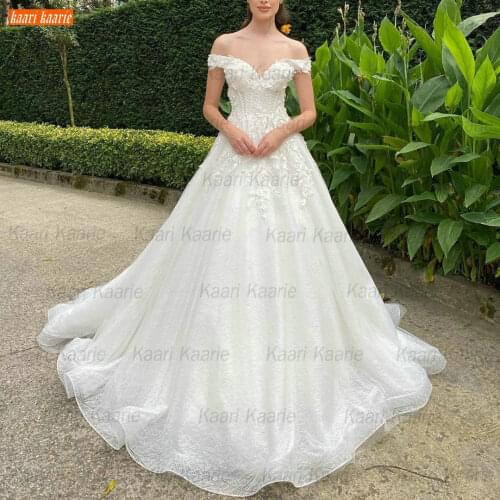 Luxury Lace Wedding Gown Ivory 2021 Robe De Mariée Custom Made Appliques Vestido De Noiva Off Shoulder Court Train Bride Dresses
