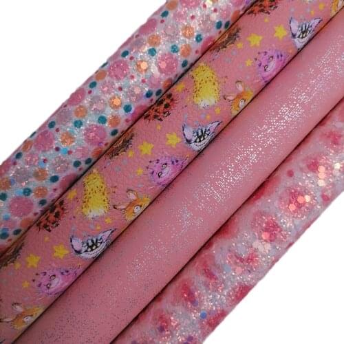 Pink Polka Dots Rose Printed Glitter leather Iridescent Faux Leather Sheets Monsters Printed Leather For Bows DIY 21x29CM KM679