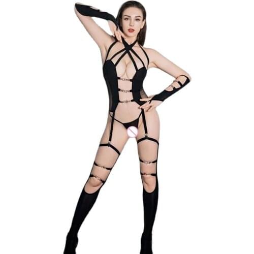 Sexy Bandage Appeal Clothing Hollow Out Crotchless Bodysuit See-Through Open Crotch Catsuit Stockings Jumpsuit Glove Garter Belt