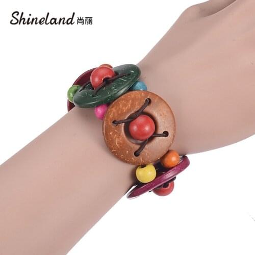 Shineland Hot Sale Colorful Wooden Beads Bracelet For Women Round Handmade Stretch Bangles Bohemian Ethnic Beach Jewelry Gift