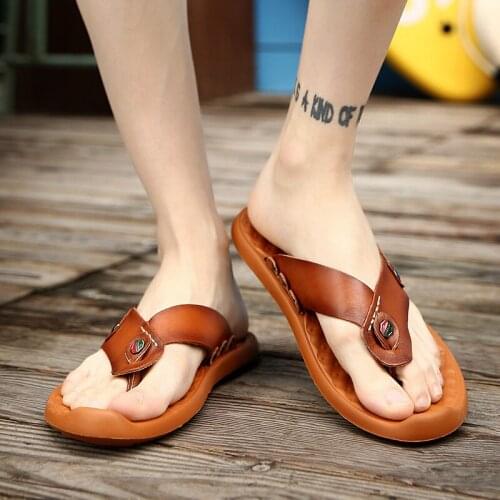 FIXSYS Summer Hot Sale Mens Slippers Leather Casual Shoes Comfort Beach Sandals Handmade Man Flip Flops Outdoor Indoor Slippers